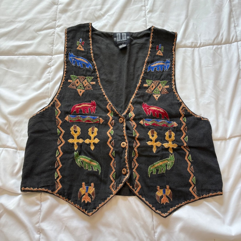 Vintage DD Black Embroidered Tribal Aztec Animal Cotton Vest Medium Boho Y2K 80s